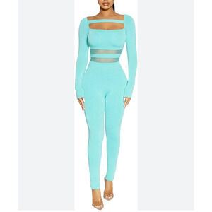 Naked Wardrobe Teal Mint Blue Cut Out Mesh Long Sleeve Jumpsuit Size Small NWT
